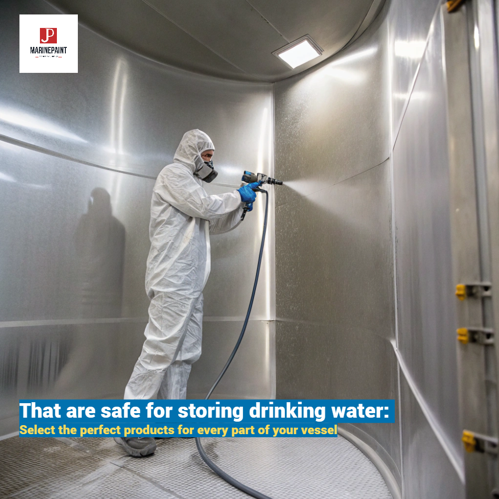 They are using an airless sprayer to apply a smooth,white-colored, non-toxic epoxy coating to the tank's interior wall