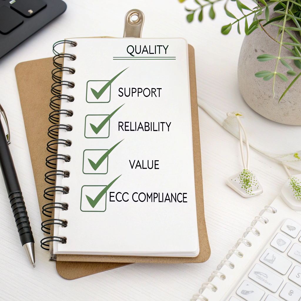 [Image Placeholder: Checklist graphic highlighting key factors: Quality, Support, Reliability, Value, Eco-Compliance.]