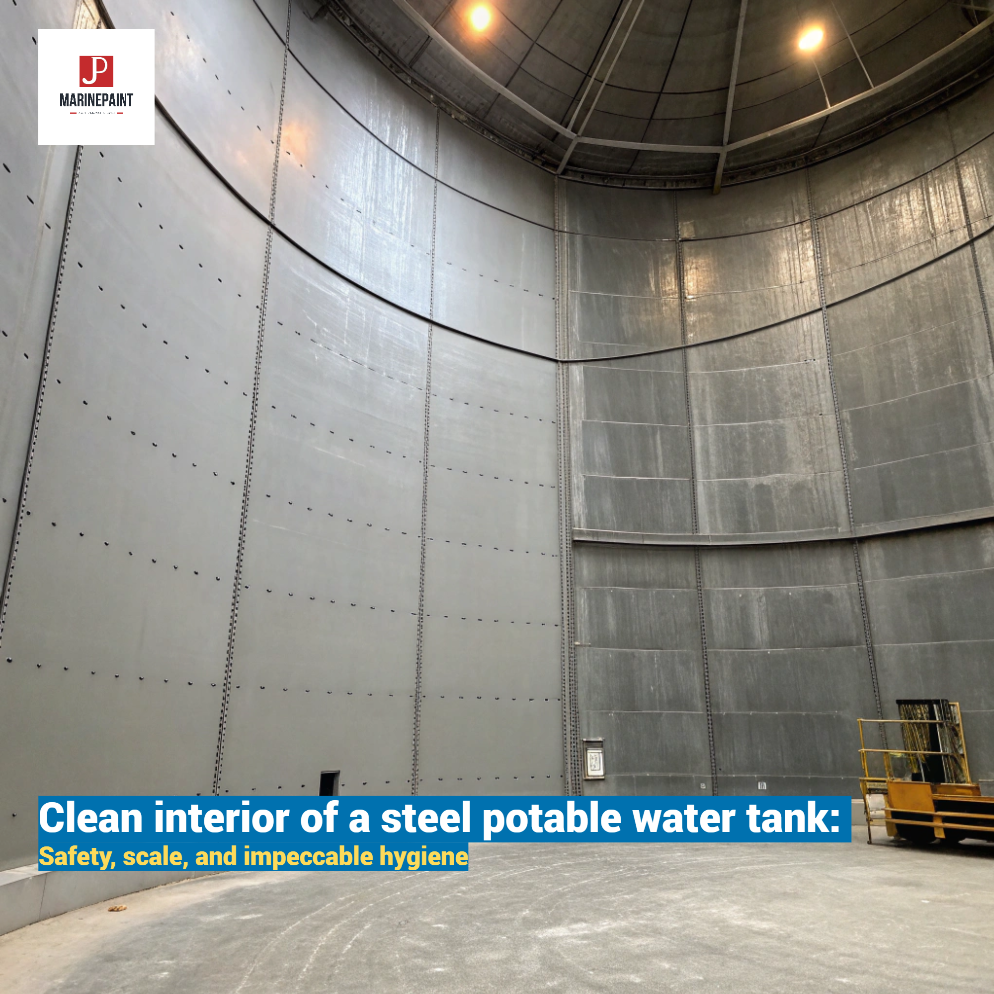 Photorealistic shot of the vast, clean interior of a steel potable water tank after abrasive blasting. The surface has a uniform grey, matte texture, ready for coating, highlighting the importance of meticulous preparation. Photorealistic shot of the vast, clean interior of a steel potable water tank after abrasive blasting. The surface has a uniform grey, matte texture, ready for coating, highlighting the importance of meticulous preparation.