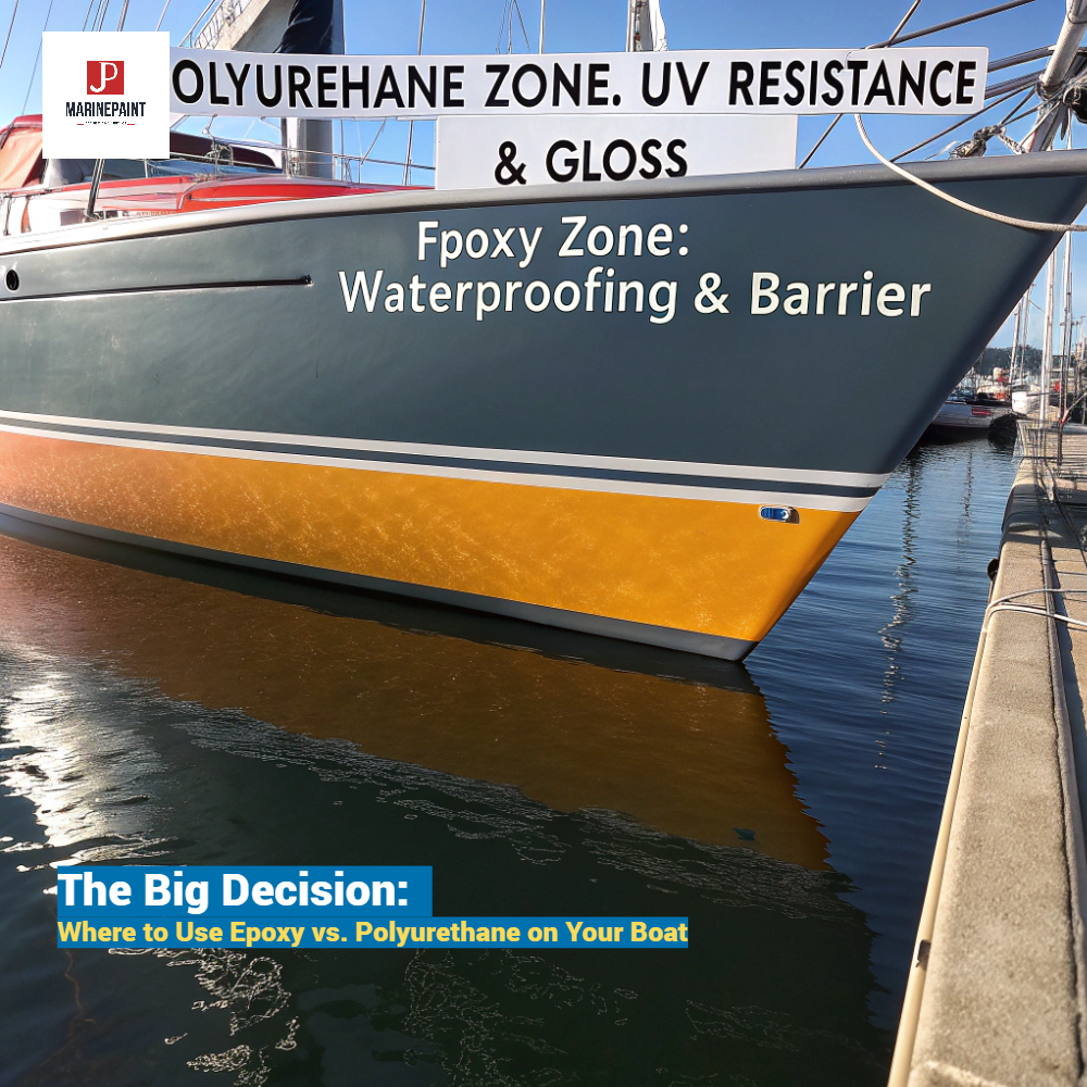 Epoxy vs. polyurethane marine paint,marine paint,boat paint,epoxy paint,polyurethane paint,one-part polyurethane,two-part polyurethane,topside paint,bottom paint,antifouling paint,marine coating,boat maintenance,fiberglass boat paint,aluminum boat paint,wood boat paint,marine primer,epoxy primer,gelcoat,boat restoration,marine enamel,waterproof boat paint,UV resistance,chemical resistance,abrasion resistance,durability,flexibility,gloss retention,boat hull,above the waterline,below the waterline,surface preparation,roll and tip method,marine-grade,boat finish,yacht paint,saltwater protection,corrosion resistance,marine environment,DIY