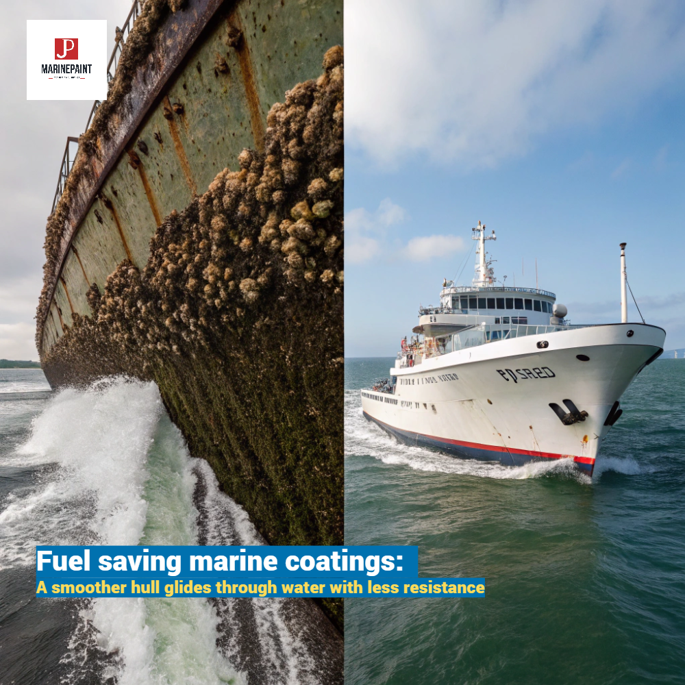[Image Placeholder]A dramatic split-screen image. On the left, a ship's hull is heavily covered in barnacles and algae, moving through choppy water with a large wake. On the right, the same ship has a clean, smooth, brightly colored hull, gliding effortlessly through calm water with a minimal wake, with lines indicating reduced drag.