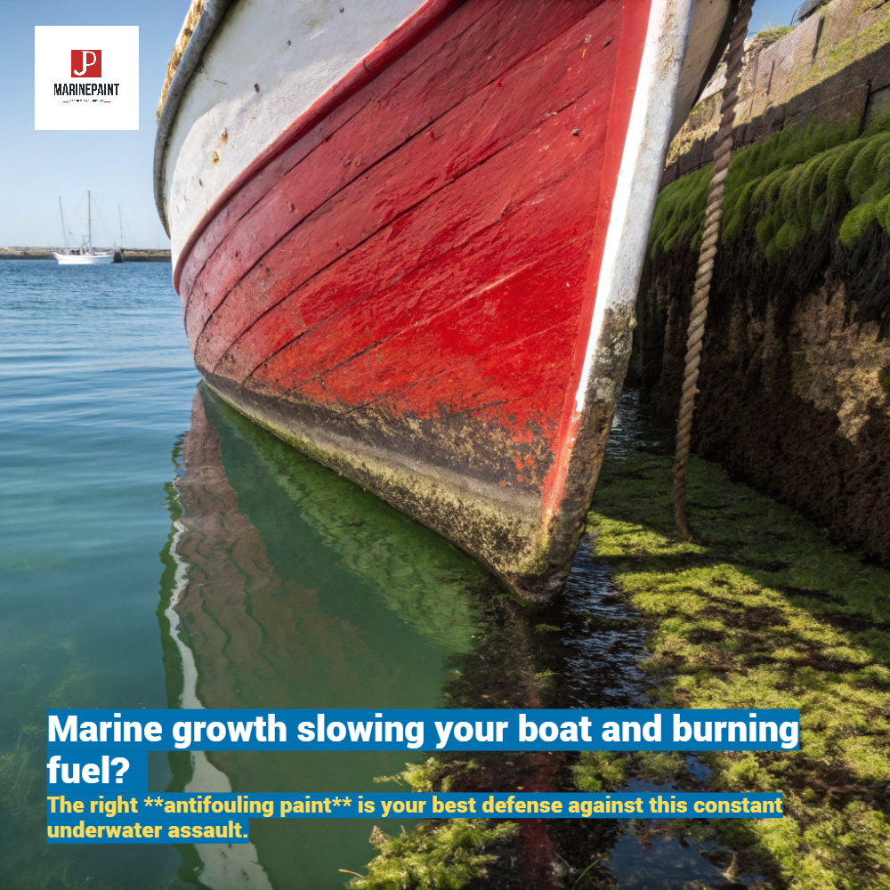 [Image Placeholder]> Prompt: A dramatic split-shot image showing the underwater part of a boat. One half of the hull is pristine and clean with a smooth coat of red antifouling paint. The other half is heavily covered in green algae, barnacles, and other marine growth. The water is clear blue, and the sun is shining above.