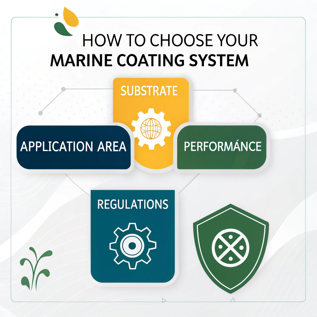 [Image Placeholder]**Prompt:** A modern, clean infographic showcasing four key icons representing: a metal gear (Substrate), a wave and sun (Application Area), a shield (Performance), and a green leaf (Regulations). The title above reads 