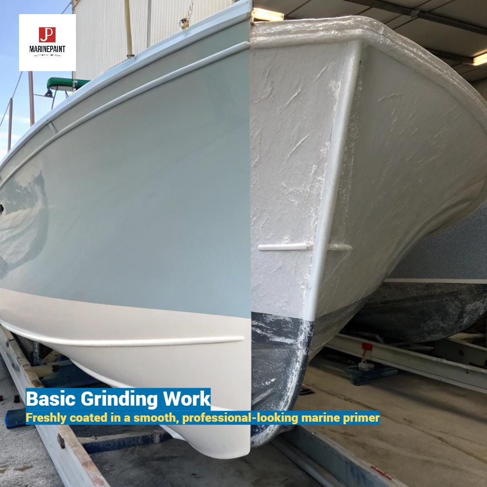 [Image Placeholder]A visually appealing split-shot photo showing the underwater hull of a boat. Half the hull is freshly coated in a smooth, professional-looking marine primer (e.g., a light grey epoxy primer), and the other half shows the prepared, sanded fiberglass substrate, ready for priming.