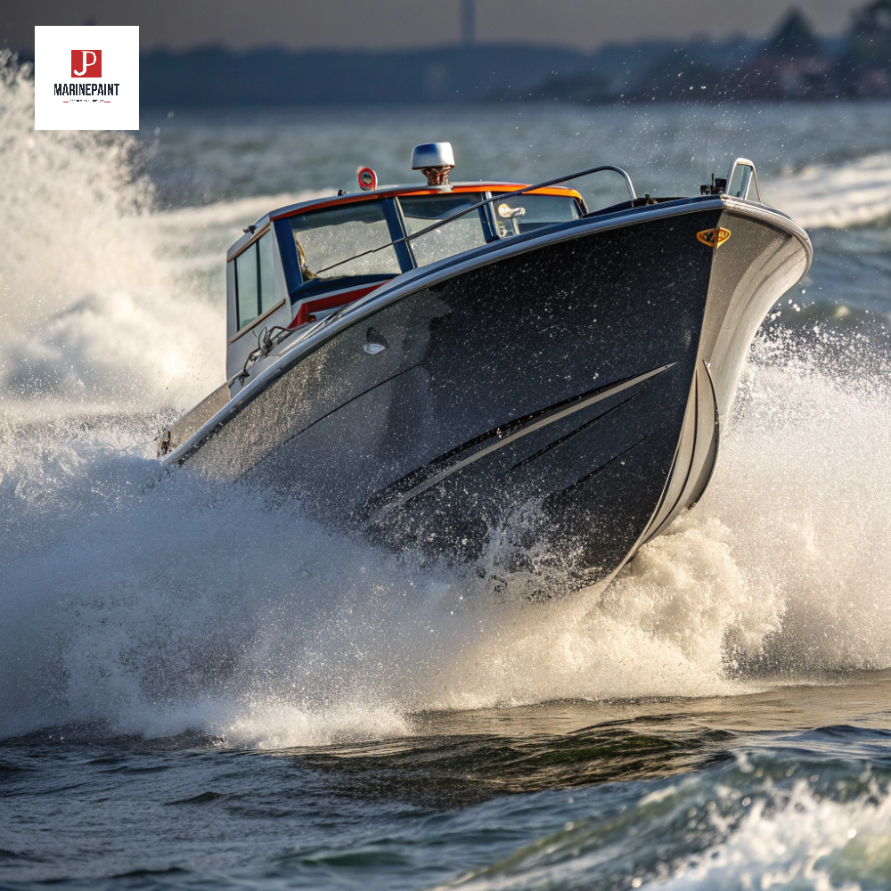 A dynamic action shot of a boat cutting through choppy water, with salt spray dramatically deflecting off its glossy, protected hull, demonstrating the paint's water resistance.