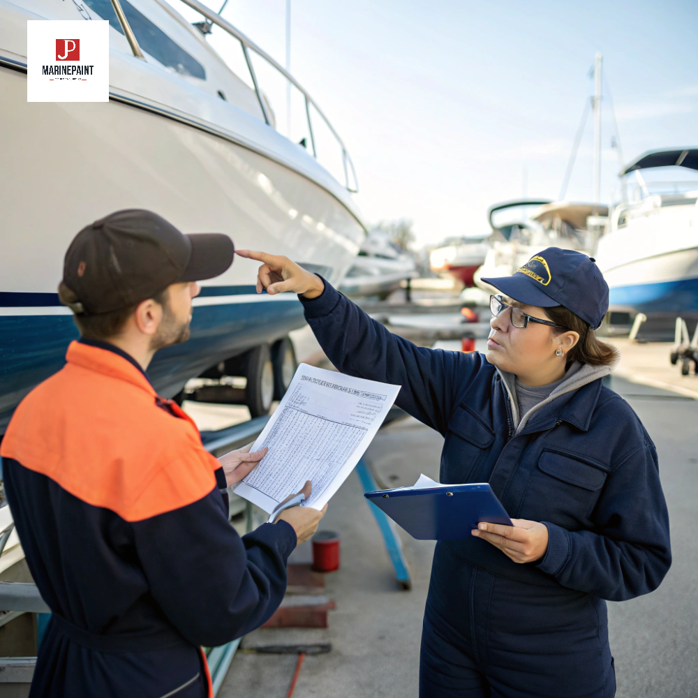 [Image Placeholder]> Prompt: A bright, clear image featuring a person in boatyard attire confidently answering a question from another boater. They are pointing to a product's technical data sheet, looking knowledgeable and helpful.