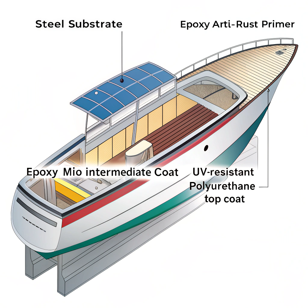 UV-resistant marine paint,Best UV-resistant boat paint,Marine paint with UV protection,UV-stable marine coatings,Polyurethane topcoat,acrylic polyurethane hull paint,fluorocarbon topcoat,epoxy primer,antifouling paint,alkyd hull paint,topcoat,basecoat,primer,finish paint,non-yellowing resistance,weather resistance,gloss retention,color retention,durability,salt spray resistance,adhesion,abrasion resistance,chemical resistance,protective coating,polyurethane resin,acrylic resin,epoxy resin,hardener,curing agent,MIO (micaceous iron oxide),paint system,dry film thickness (DFT),recoat interval,volume solids,curing,substrate (steel,galvanized steel),marine environment,boat maintenance,hull paint,superstructure,topside paint,yacht finish,vessel protection,corrosion prevention,marine grade,tie-coat,self-polishing antifouling paint,UV-Resistant Marine Coatings