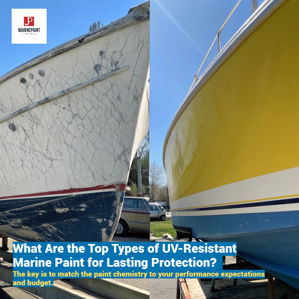 UV-resistant marine paint,Best UV-resistant boat paint,Marine paint with UV protection,UV-stable marine coatings,Polyurethane topcoat,acrylic polyurethane hull paint,fluorocarbon topcoat,epoxy primer,alkyd hull paint,topcoat,primer,finish paint,non-yellowing resistance,weather resistance,gloss retention,color retention,durability,salt spray resistance,adhesion,high solids,chemical resistance,protective coating,polyurethane resin,acrylic resin,epoxy resin,hardener,curing agent,surface preparation,sandblasting (Sa2.5),grinding (St3),high-pressure airless spray,brushing,rolling,dry film thickness (DFT),recoat interval,curing,paint system,substrate (steel,wood),marine environment,boat maintenance,hull paint,superstructure,deck paint,waterline,topside paint,yacht finish,vessel protection,boat restoration,corrosion prevention,marine grade