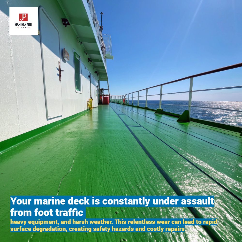 [Image Placeholder]> Prompt: A dynamic, wide shot of a freshly painted, vibrant green ship deck. The paint has a slight gloss, reflecting the bright sun. In the background, the open sea and a clear blue sky. The focus is on the texture and resilience of the paint surface.