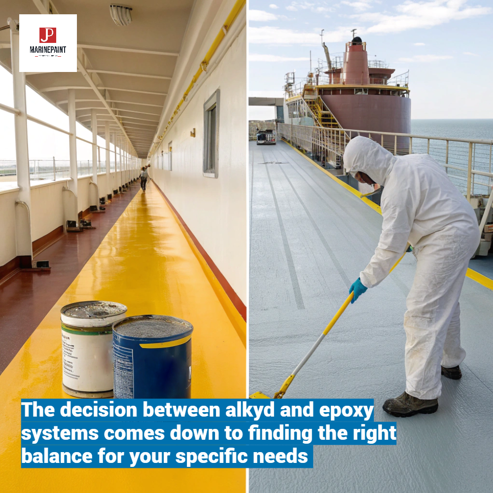 [Image Placeholder]> Prompt: A split-screen image. On the left, a can of single-component alkyd deck paint is being easily applied with a roller on a brightly lit ship deck. On the right, a professional in full PPE is mixing the two components of an epoxy paint system in an industrial setting.