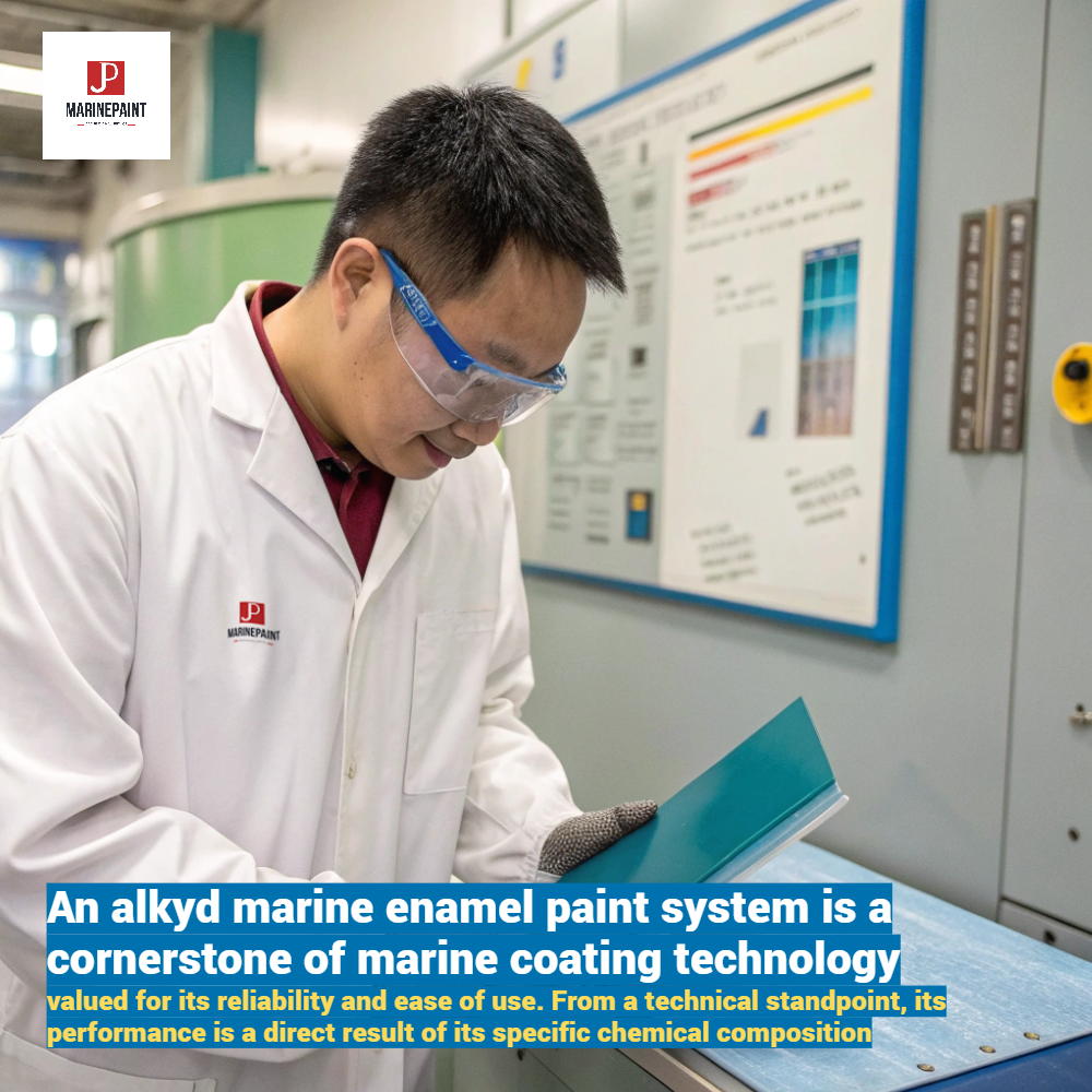 [Image Placeholder]> **Prompt:** A marine paint chemist in a lab coat and safety glasses is examining a sample of glossy marine paint on a metal panel, with lab equipment and technical charts visible in the background.