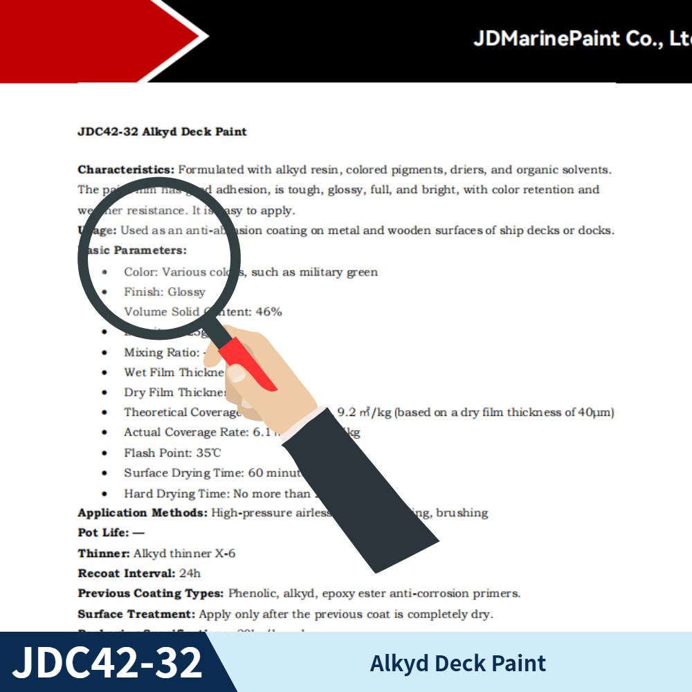 Alkyd marine enamel,alkyd marine paint,marine enamel paint,alkyd enamel coating,alkyd hull paint,alkyd anti-rust primer,long-oil alkyd resin,surface preparation,dry film thickness (DFT),wet film thickness,theoretical coverage,recoating interval,flash point,volume solids,Sa2.5 sandblasting,St3 power tool cleaning,marine applications,ship hull,superstructure,paint system,primer,topcoat,marine coatings,corrosion control,vessel protection,JDC43-31,JDC53-31,X-6 Thinner