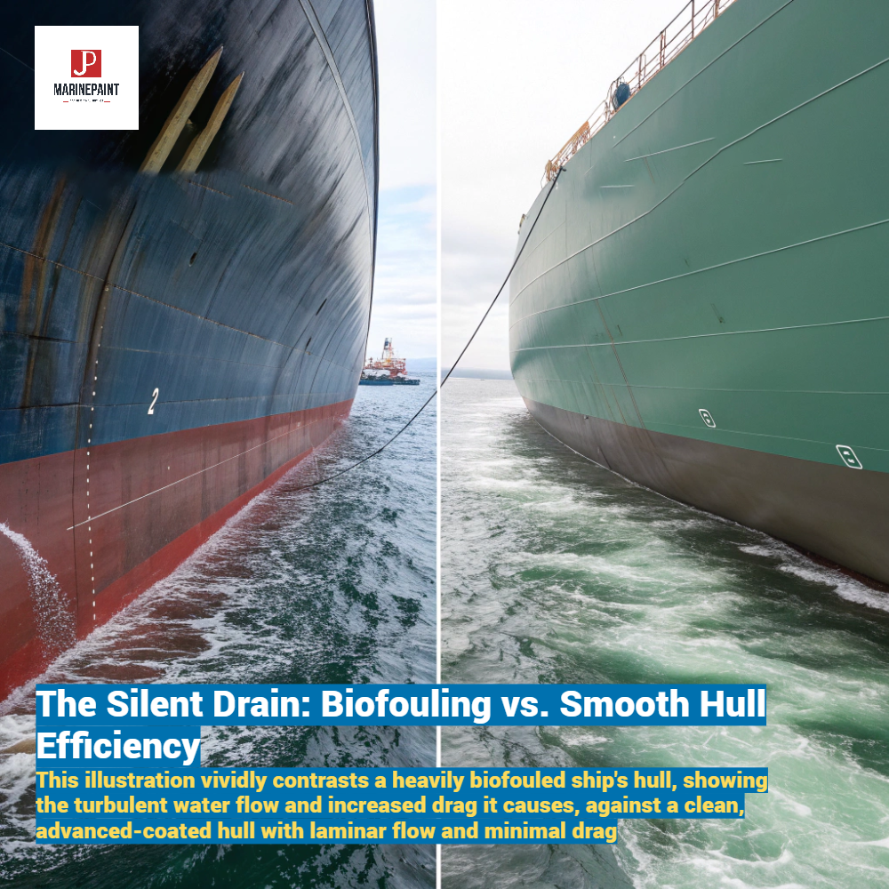 [Image Placeholder]> Title: The Silent Drain: Biofouling vs. Smooth Hull Efficiency> Description: This illustration vividly contrasts a heavily biofouled ship's hull, showing the turbulent water flow and increased drag it causes, against a clean, advanced-coated hull with laminar flow and minimal drag, highlighting the critical difference in fuel efficiency.