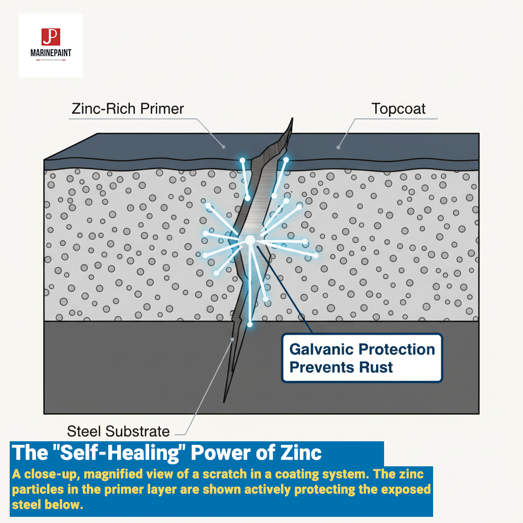 a-close-up-magnified-view-of-a-scratch-in-a-coating-system.-the-zinc-particles-in-the-primer-layer-are-shown-actively-protecting-the-exposed-steel-below