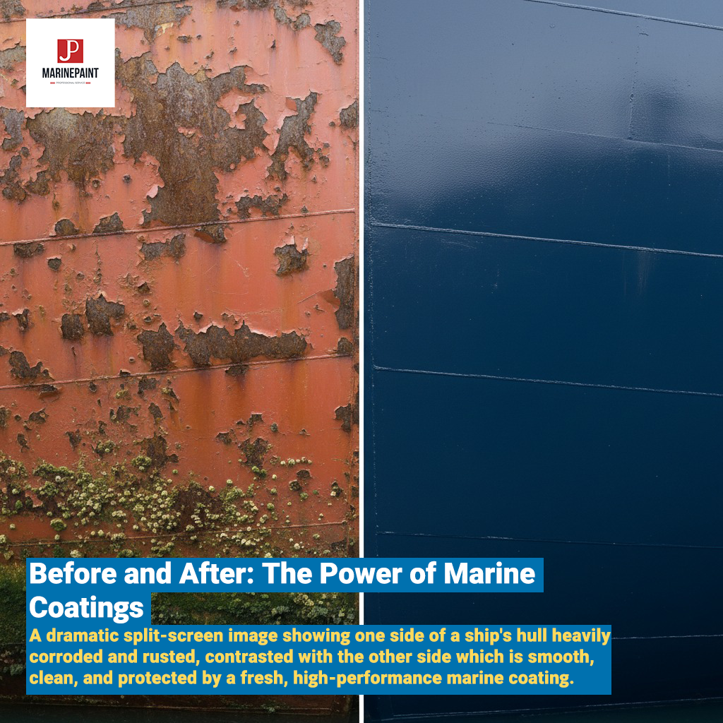 [Image placeholder]**Image Title:** Before and After: The Power of Marine Coatings**Image Description:** A dramatic split-screen image showing one side of a ship's hull heavily corroded and rusted, contrasted with the other side which is smooth, clean, and protected by a fresh, high-performance marine coating.**Image Prompt:** A hyper-realistic, high-resolution split-view photograph. The left side shows a close-up of a steel ship hull with severe rust, flaking paint, and marine biofouling. The right side shows the same section of the hull perfectly restored with a glossy, brand-new navy blue industrial marine coating, reflecting the light. The division between the two sides is a sharp, clean vertical line.