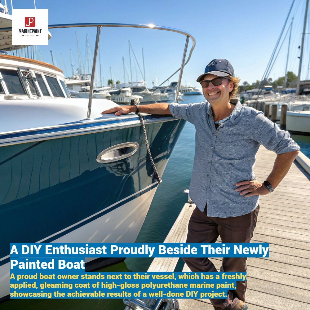 [Image Placeholder]**Image Title:** A DIY Enthusiast Proudly Beside Their Newly Painted Boat**Image Description:** A proud boat owner stands next to their vessel, which has a freshly applied, gleaming coat of high-gloss polyurethane marine paint, showcasing the achievable results of a well-done DIY project.**Prompt:** A medium shot of a proud and happy DIY boat owner, male or female, standing with a hand resting on the hull of their boat in a sunny marina. The boat's hull is flawlessly painted with a vibrant, high-gloss polyurethane marine paint, reflecting the surroundings. The owner is smiling, conveying a sense of accomplishment.