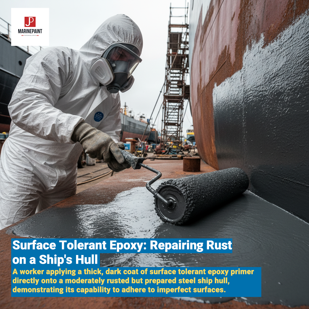 [Image placeholder]**Image Title:** Surface Tolerant Epoxy: Repairing Rust on a Ship's Hull**Image Description:** A worker applying a thick, dark coat of surface tolerant epoxy primer directly onto a moderately rusted but prepared steel ship hull, demonstrating its capability to adhere to imperfect surfaces.**Image Prompt:** A realistic photo showing a marine worker in PPE applying a dark grey, high-build epoxy coating with a roller onto a visibly, but tightly, rusted steel ship hull. The background shows part of a dry dock or marine facility. Focus on the texture of the applied coating and the prepared rust.