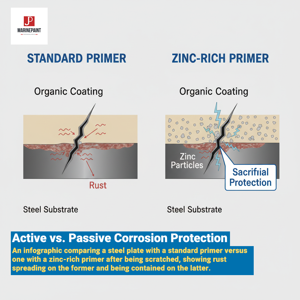 an infographic comparing a steel plate with a standard primer versus one with a zinc rich primer after being scratched, showing rust spreading on the former and being contained on the latter