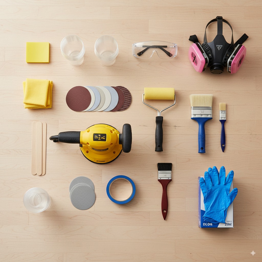A clean and organized workbench displaying all the necessary tools and safety gear for applying polyurethane marine paint, including sanders, rollers, brushes, mixing cups, and a respirator.