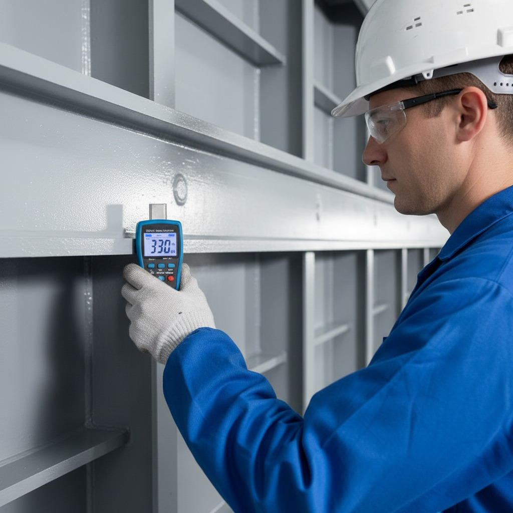 A close-up, professional photo of a coating inspector in full PPE (helmet, glasses, overalls) holding a digital DFT gauge against a light-colored coated steel surface inside a ballast tank. The inspector's hand and the gauge are the main focus, with the gauge displaying a reading (e.g., 330 µm). The background is slightly blurred, showing the tank's interior.