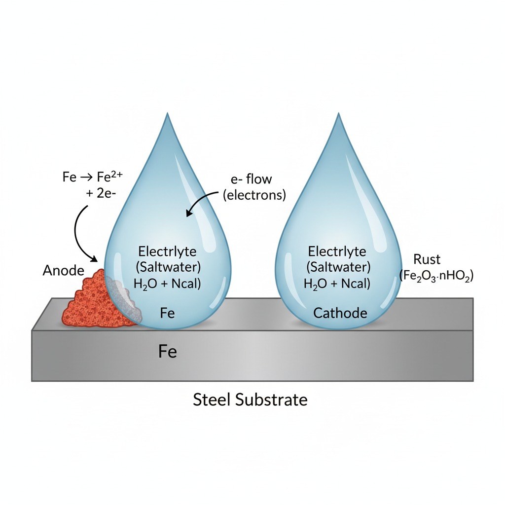 A scientific infographic in a clean, modern style. The diagram shows a magnified cross-section of a steel surface. Droplets of saltwater (H2O + NaCl) are on the surface. Labelled arrows indicate the flow of electrons from the anode (iron) to the cathode, with chemical formulas showing the reaction Fe -> Fe2+ + 2e-. Red-orange rust (Fe2O3·nH2O) is shown forming at the anode. Clearly label "Anode," "Cathode," "Electrolyte (Saltwater)," and "Steel Substrate.