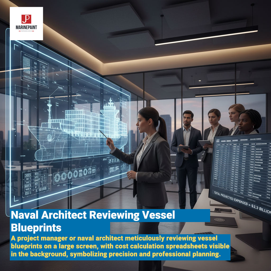 [Image Placeholder]Title: Naval Architect Reviewing Vessel BlueprintsIntroduction: A project manager or naval architect meticulously reviewing vessel blueprints on a large screen, with cost calculation spreadsheets visible in the background, symbolizing precision and professional planning.Prompt: A clean, modern office setting. A professional project manager is pointing at a detailed digital blueprint of a large commercial vessel on a large screen. On a secondary monitor, a complex cost calculation spreadsheet is visible. The atmosphere is focused and professional, emphasizing data-driven decision-making.