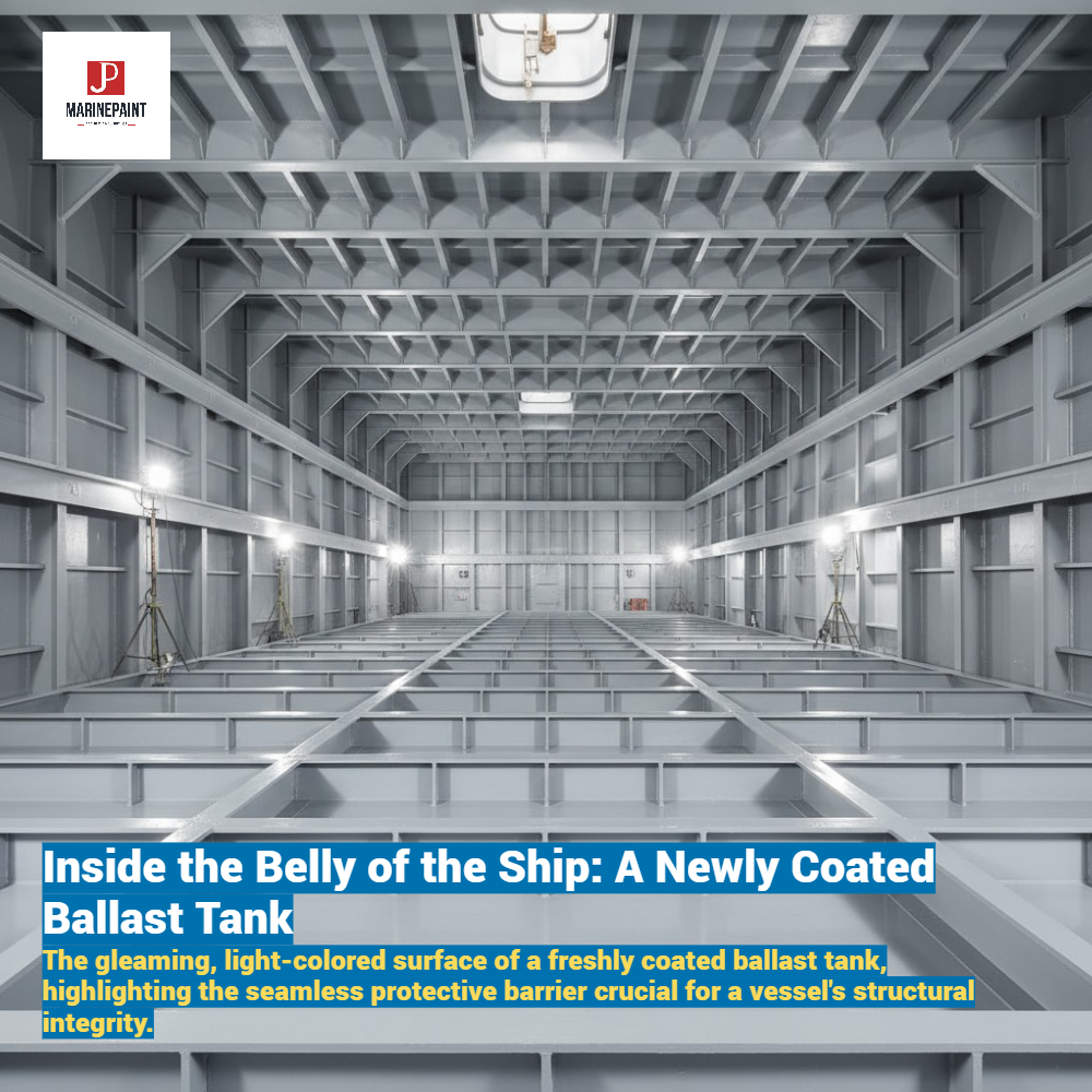 [Image Placeholder]> **Image Title:** Inside the Belly of the Ship: A Newly Coated Ballast Tank> **Image Introduction:** The gleaming, light-colored surface of a freshly coated ballast tank, highlighting the seamless protective barrier crucial for a vessel's structural integrity.> **Prompt:** A wide-angle, high-resolution photograph from inside a massive ship's ballast tank. The tank has just been coated with a light grey, high-gloss epoxy paint. The lighting is bright and even, revealing the complex geometry of steel beams, welds, and frames. The surface is flawless, emphasizing the quality of the marine coating application.