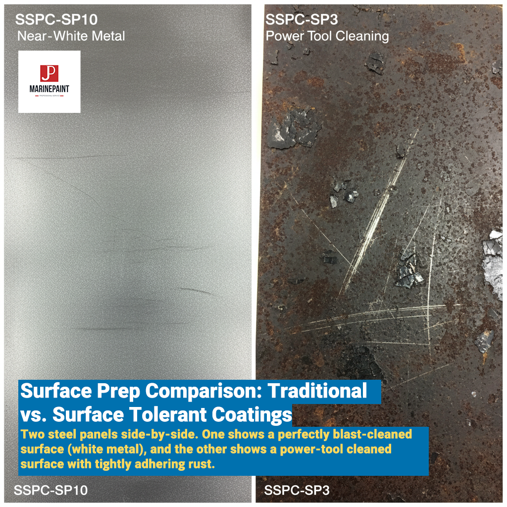 two steel panels side by side. one shows a perfectly blast cleaned surface (white metal), and the other shows a power tool cleaned surface with tightly adhering rust