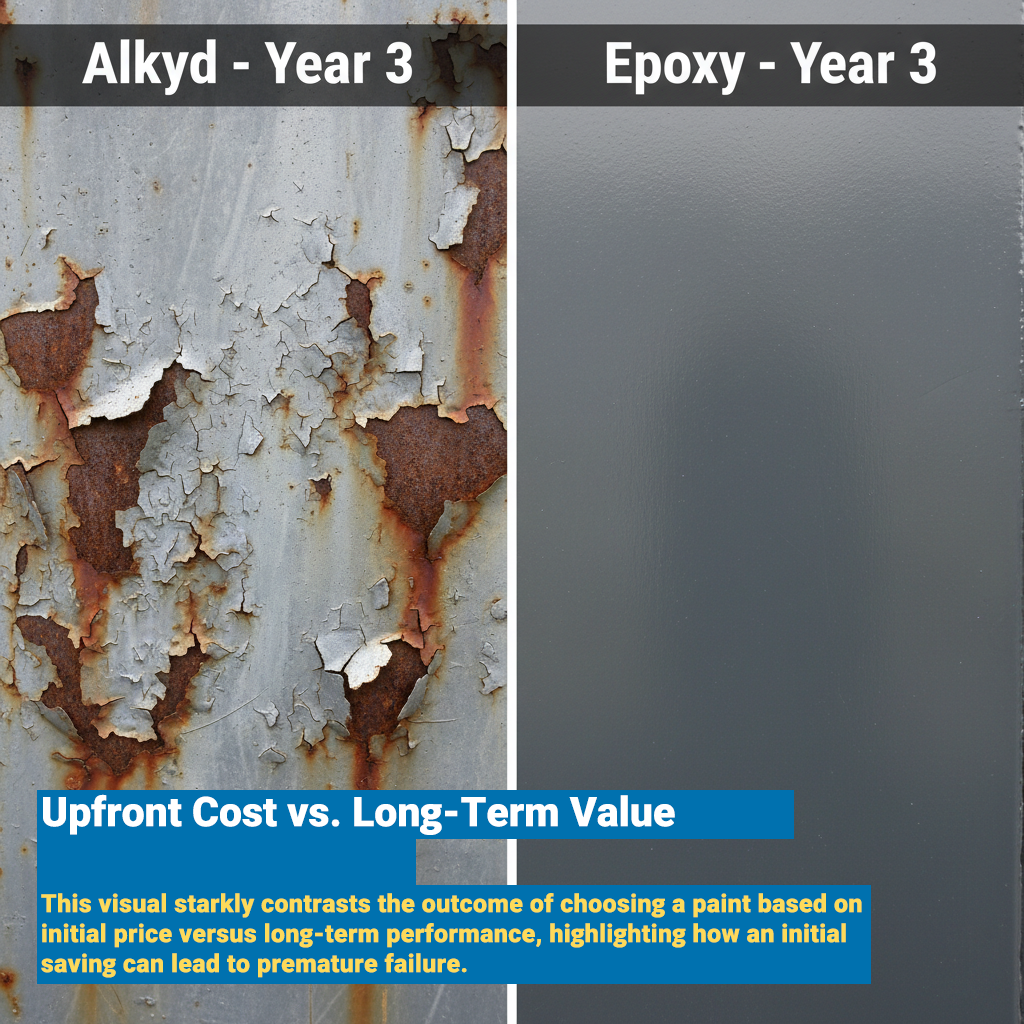 [Image Placeholder]Title: Upfront Cost vs. Long-Term ValueIntroduction: This visual starkly contrasts the outcome of choosing a paint based on initial price versus long-term performance, highlighting how an initial saving can lead to premature failure.Prompt: A split-screen, high-contrast image. The left side is labeled 