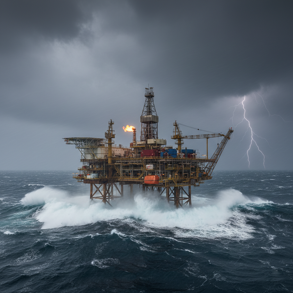 [Image Placeholder]> **Title:** Offshore Platform Standing Against the Elements> **Description:** A powerful image of an offshore oil and gas platform in rough seas, symbolizing the harsh marine environment these assets must endure.> **Prompt:** A dramatic, high-resolution photograph of a large offshore oil rig during a storm. Waves are crashing against the support structures, and the sky is overcast, emphasizing the extreme and corrosive conditions.