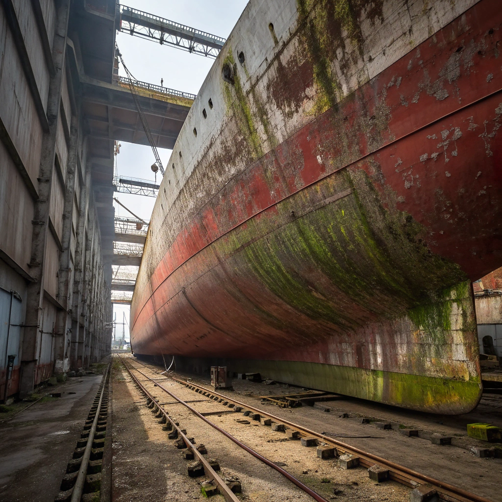 A commercial vessel's massive hull in a dry dock, heavily encrusted with barnacles, green algae, and marine growth, symbolizing severe biofouling.