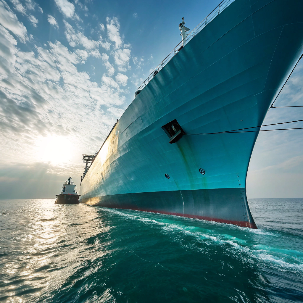 An underwater shot of a large commercial vessel's hull, incredibly smooth and clean due to ablative paint, with subtle, almost imperceptible wisps of biocide-rich material gently eroding from the surface, creating a faint, clear halo around the hull.