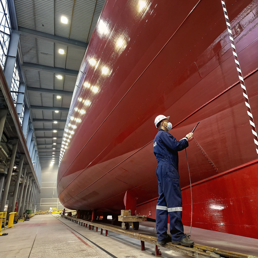A worker inspecting the pristine, newly applied deep red hard antifouling paint on a commercial vessel's hull in a well-lit dry dock.