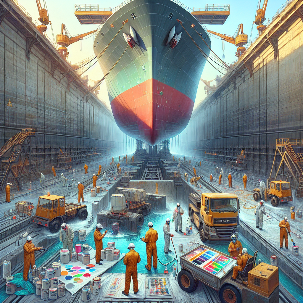 A detailed, wide-angle shot of a professional painting crew meticulously applying antifouling paint to a large vessel's hull in a bustling dry dock. Focus on proper surface preparation and application techniques, showing workers in safety gear using sprayers and rollers.