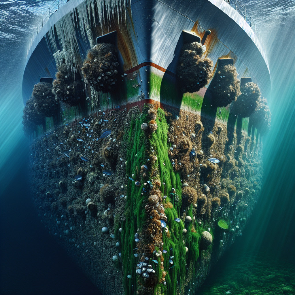 A dramatic underwater scene showcasing a ship's hull. One side of the hull is pristine and clean, while the other side is heavily encrusted with a dense layer of barnacles, green algae, and mussels, illustrating severe marine biofouling.