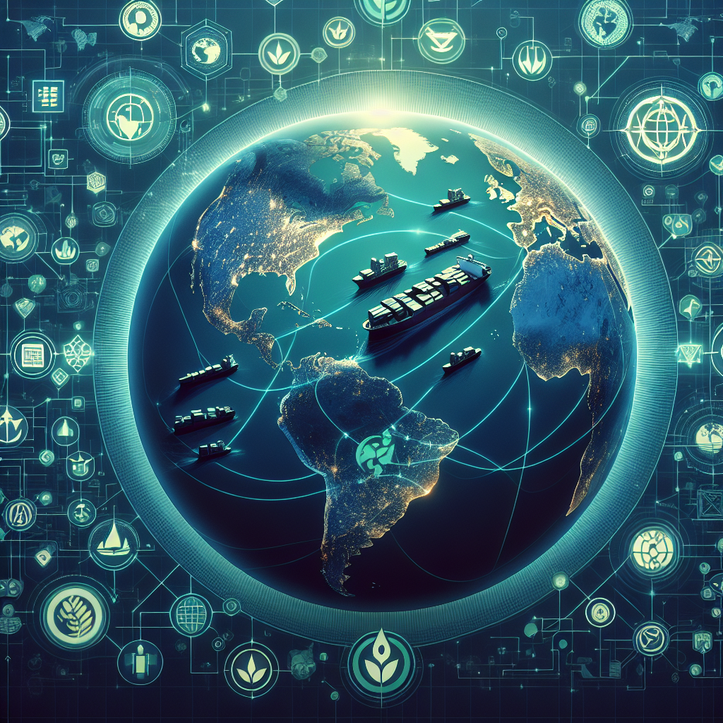 An intricate infographic-style illustration of a global maritime shipping network. The Earth is subtly visible in the background, traversed by glowing blue shipping lanes. Overlaid are symbolic representations of global regulations, such as the IMO AFS Convention logo, interwoven with green leaf icons representing environmental protection. Silhouettes of modern cargo ships navigate these regulated pathways.