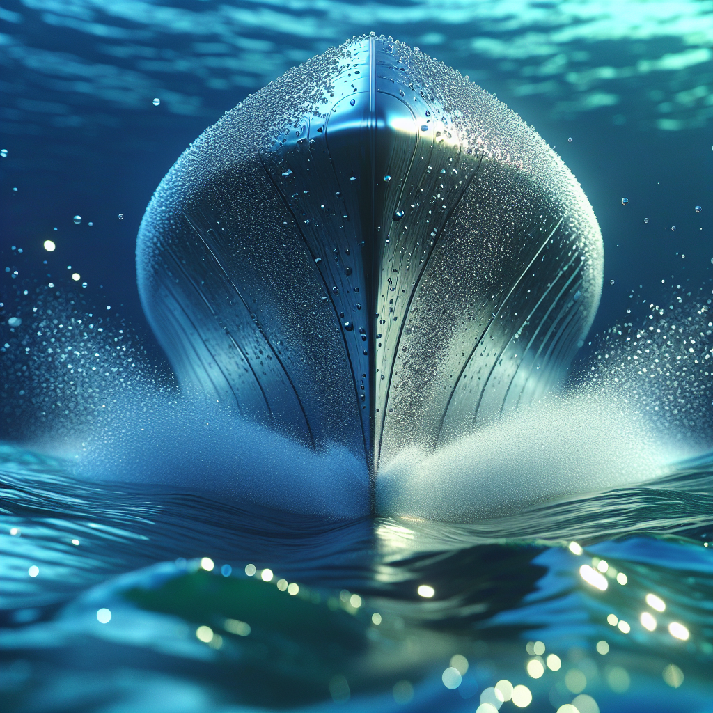 A close-up, high-speed shot of a ship's hull slicing through calm ocean water, rendered with a futuristic, sci-fi aesthetic. The hull surface is depicted with an invisible, super-slick foul-release coating, causing water to bead and slide off effortlessly, carrying away microscopic fouling organisms.