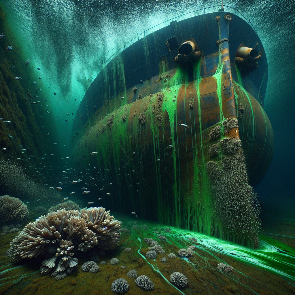 A deep underwater scene depicting a large cargo ship's hull coated with biocide antifouling paint. A swirling, murky, toxic halo of greenish-brown chemicals visibly leaches from the hull, causing marine organisms like barnacles and algae to recoil and detach, dissolving into the water. The art style is a blend of realistic detail and graphic novel intensity, emphasizing the struggle. Ominous, somber underwater lighting with rays of dull light piercing through the polluted water, casting dramatic shadows. Color palette dominated by dark, desaturated blues and greens for the water, contrasting with the industrial metallic grey of the hull and the sickly, glowing greenish-purple of the toxic release.