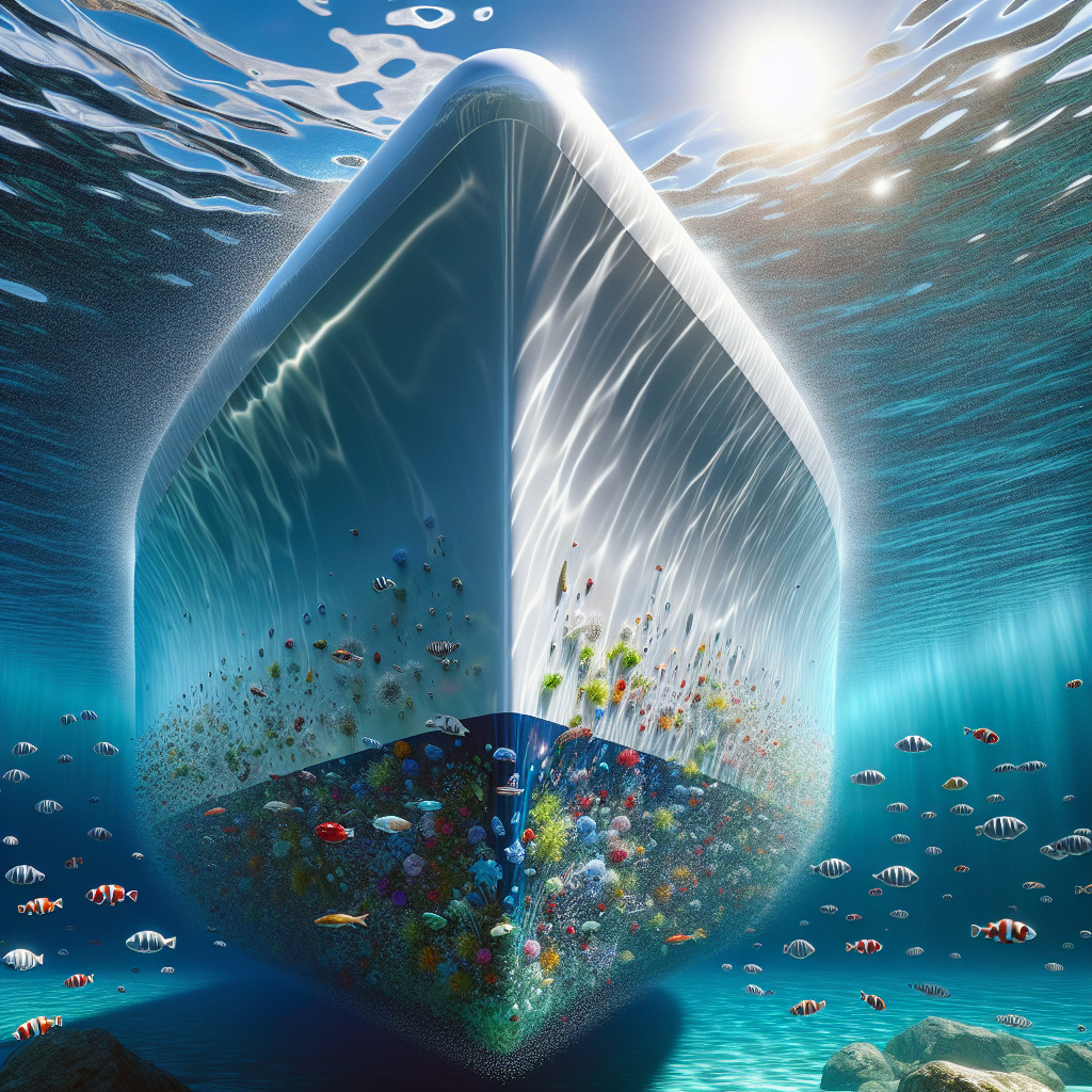 A pristine, hyper-realistic underwater shot of a sleek modern vessel's hull coated with silicone-based fouling release paint, gliding effortlessly through crystal-clear, sun-drenched ocean water. Small, colourful fish and healthy marine flora can be seen attempting to adhere but smoothly sliding off the incredibly slick, low-surface-energy hull. The scene is bathed in bright, vibrant sunlight, creating dazzling reflections and highlights on the pearlescent surface of the hull. The color scheme is dominated by brilliant aquamarine and cerulean blues for the water, with the hull shining in a futuristic, clean white or silver, conveying superior efficiency and environmental harmony.