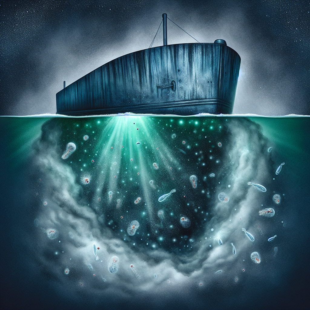 A stylized cross-section of a ship's hull coated with traditional biocide-based anti-fouling paint, showing a subtle cloud of chemicals dispersing into the ocean, affecting small, distressed marine organisms.