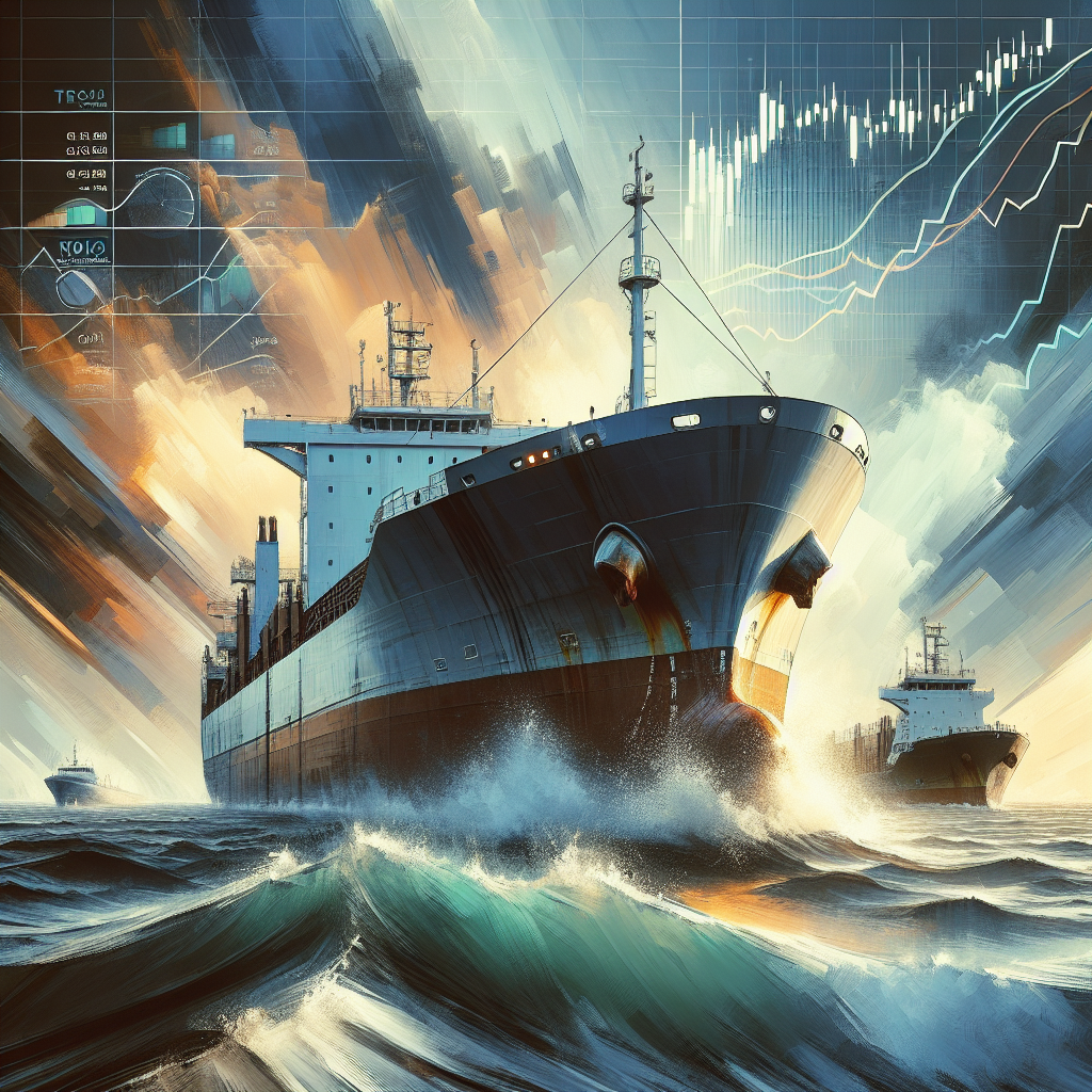 A modern commercial cargo ship with a gleaming two-component coating sailing confidently, contrasted with a worn vessel in the background, illustrating the ROI and TCO of marine paint.