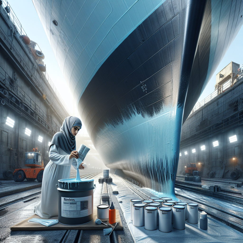 A skilled worker meticulously applying a two-component marine paint to a commercial vessel in dry dock, emphasizing professional application and the fresh, protective coating.