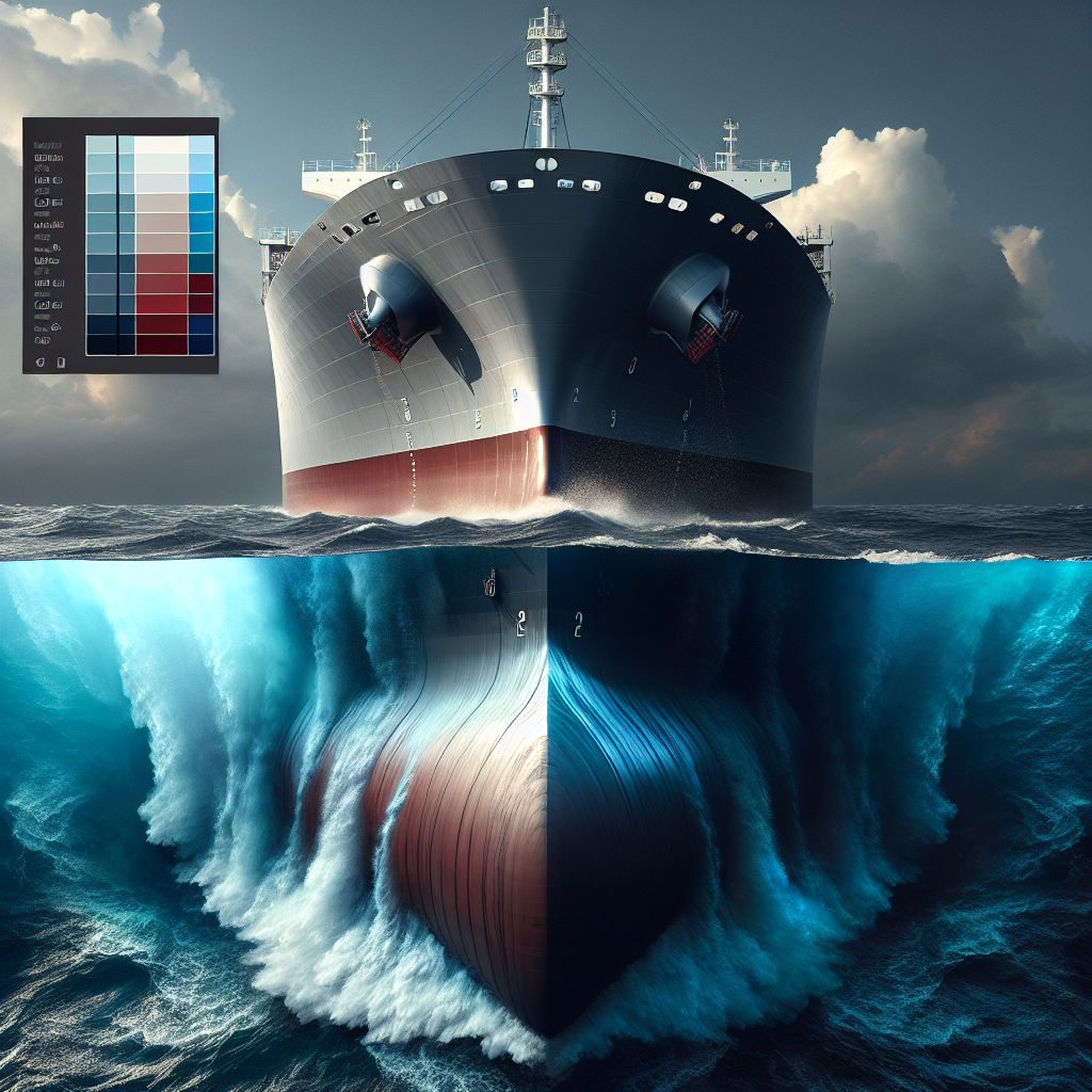 A powerful cargo ship's hull, half submerged in dynamic ocean waters, with a dramatic split view. One side shows a pristine, smooth surface symbolizing peak performance and fuel efficiency, while the other side illustrates an impenetrable shield against rust and biofouling. Hyperrealistic digital painting, industrial photography aesthetic. Strong key lighting highlighting the hull's texture and sheen, contrasting light and shadow, glinting off the water. Deep blues, metallic grays, vibrant anti-fouling reds/blues, with subtle greens and browns for ocean elements. Modern, clean palette.