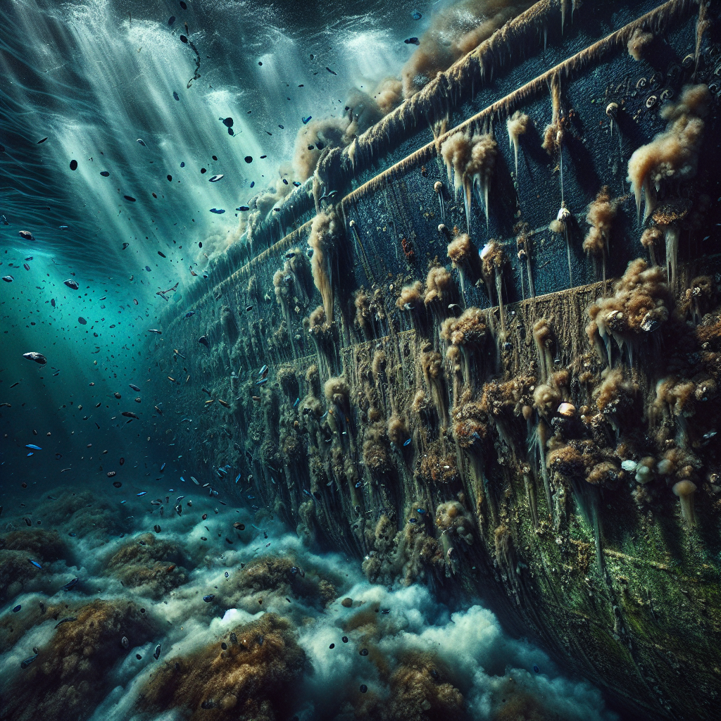A realistic and gritty close-up underwater shot of a large ship's hull heavily encrusted with diverse marine biofouling: barnacles, mussels, and thick green algae, creating extreme roughness. The hull appears to be dragging, creating turbulent murky water. Dappled light from the surface struggles to penetrate, casting deep, dramatic shadows and emphasizing the depth and challenge. Muted blues, greens, and browns of the marine life dominate, starkly contrasting with the dark, worn hull.