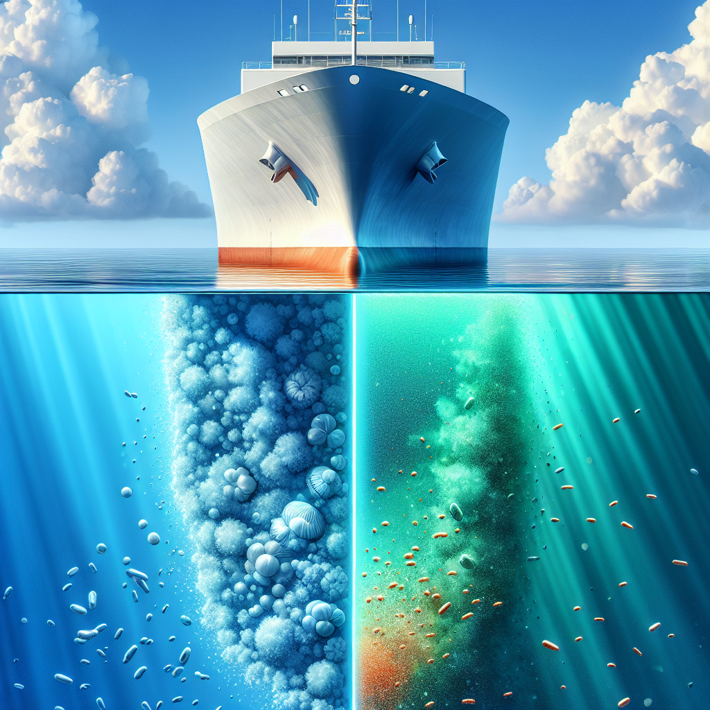 A conceptual realism image showcasing a split view of a ship's hull. One side is pristine and bright, reflecting blue water, representing effective traditional antifouling. The other side subtly depicts a faint green/orange plume of copper ions leaching into the water, visually affecting small, distant marine organisms like plankton, symbolizing environmental concern. Bright, clear lighting illuminates the clean hull, transitioning to slightly shadowed and diffuse where the copper leaches, with a color scheme of bright blues and whites for the clean hull and subtle greens, oranges, and reds for the environmental impact.