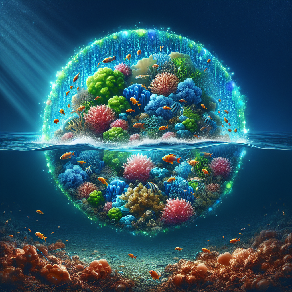 A digital art, environmental concept art piece. A vibrant, healthy marine ecosystem, teeming with colorful coral and diverse fish, is protected by a transparent, glowing shield or barrier, symbolizing stringent environmental regulations. In the background, a faint hint of receding copper pollution dissipates into clear water. Uplifting, hopeful lighting with a clear, bright glow emanates from the protected area. The color scheme includes vibrant blues, greens, and corals for the healthy ecosystem, with hints of gold and white for the protective barrier.