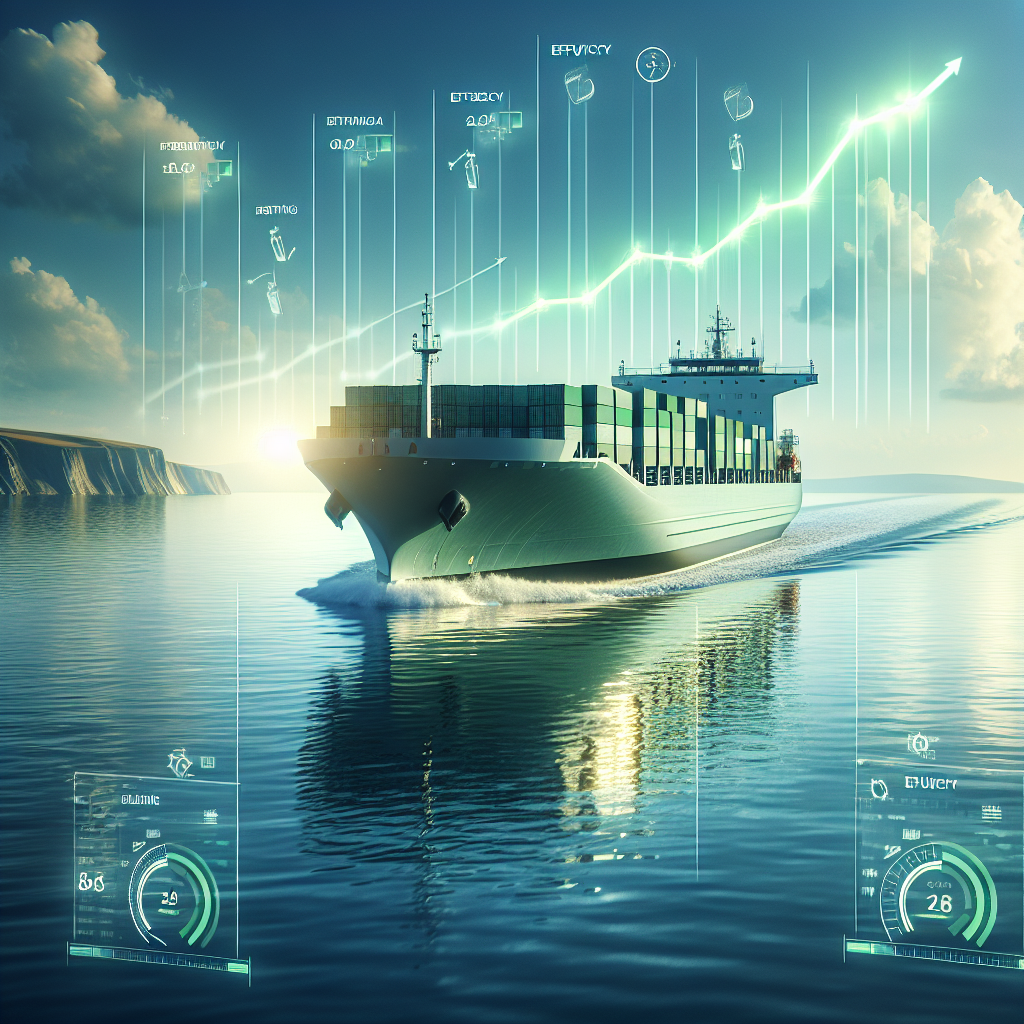 A clean digital illustration blended with elements of realism depicting a commercial cargo ship sailing smoothly through calm, open waters, leaving a minimal, efficient wake. Overlaid visual elements include a clear, rising green line graph symbolizing declining fuel consumption and increasing profits, along with subtle digital readouts of 'Efficiency' or 'ROI'. Bright, clear daylight illuminates the scene, emphasizing smooth sailing. The color scheme is dominated by blues, greens, and whites for the ocean and ship, complemented by vibrant green for the rising graph and subtle gold for financial success symbols.