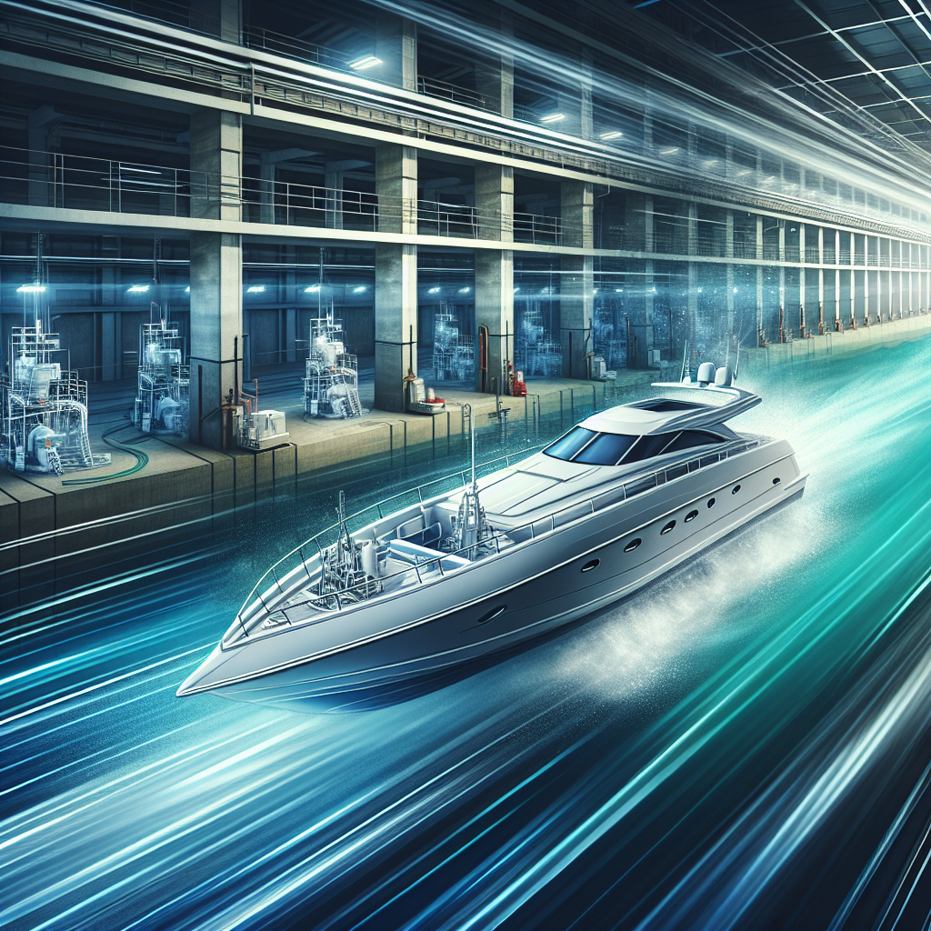 An Engineering Perspective diagram illustrating the rapid project turnaround of a boat. The image depicts a sleek marine vessel transitioning from a dry-dock, where it's being painted, to smoothly sailing on open water, with subtle speed lines or a time-lapse effect indicating quick completion.