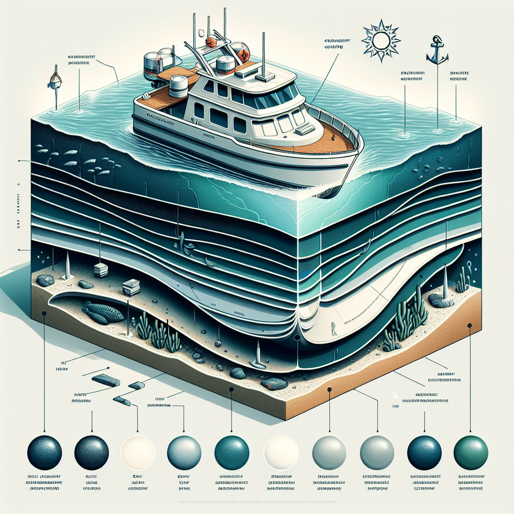 A detailed Cutaway Diagram of a boat hull, showcasing the impressive Marine Paint Durability of a one-component coating. The cross-section reveals robust, multi-layered paint resisting elements like corrosive saltwater, harsh UV rays (represented by a subtle sun icon), and marine growth. Subtle visual cues emphasize protection and longevity.