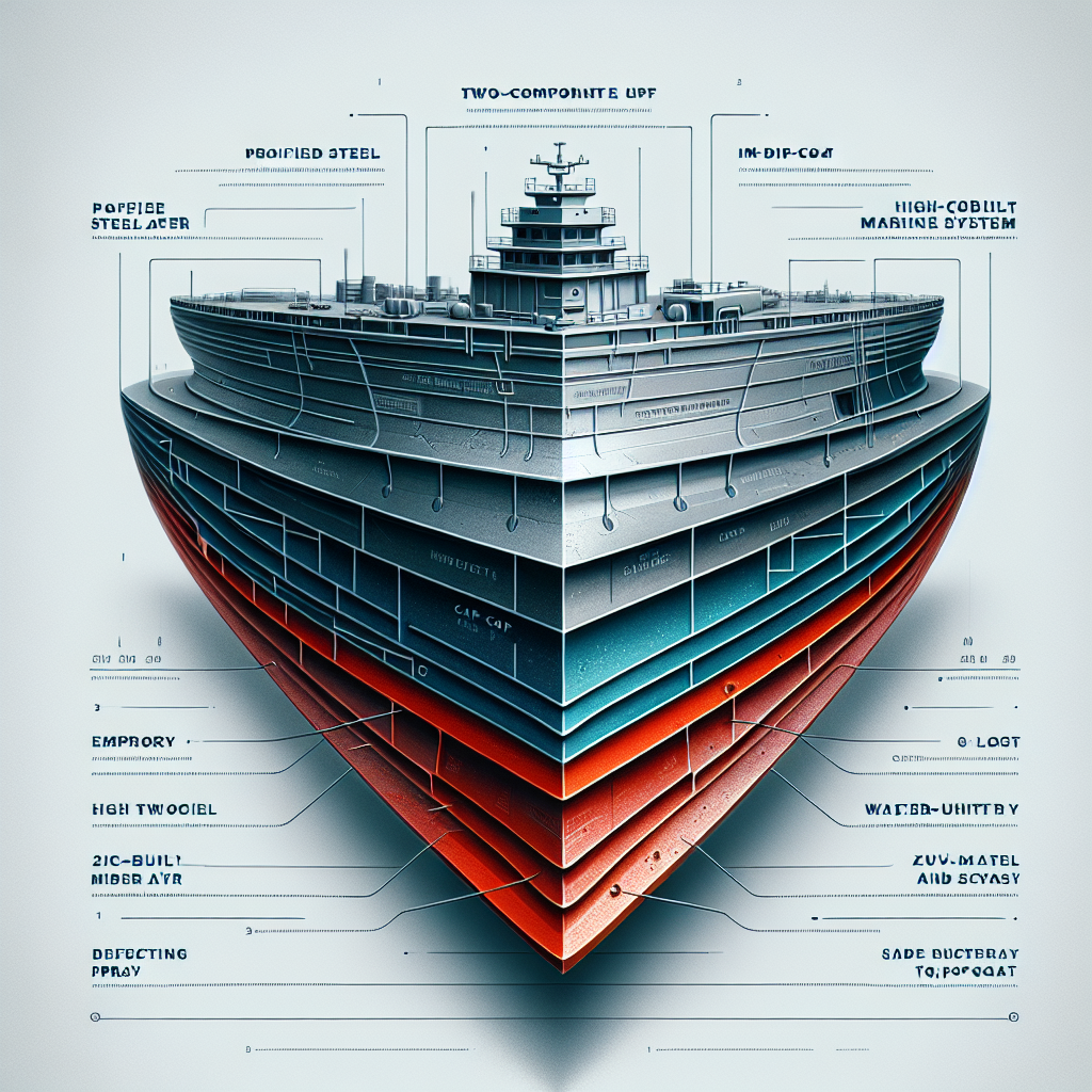 A detailed cutaway diagram of a ship's steel hull plate, showing the distinct layers of a two-component marine paint system. The cross-section reveals the profiled steel substrate, a foundational zinc-rich primer, a high-build epoxy mid-coat, and a glossy polyurethane topcoat deflecting water spray and harsh UV rays.